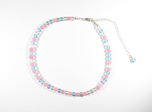 Glass bead choker necklace pink, light blue and bright colors. Beads are 6 mm. Lasihelmi choker (kaulapanta) kaulakoru. Monivärinen, jossa värit ovat vaaleanpunainen (pinkki), vaaleansininen ja kirkas. Helmet ovat 6 mm kokoisia.