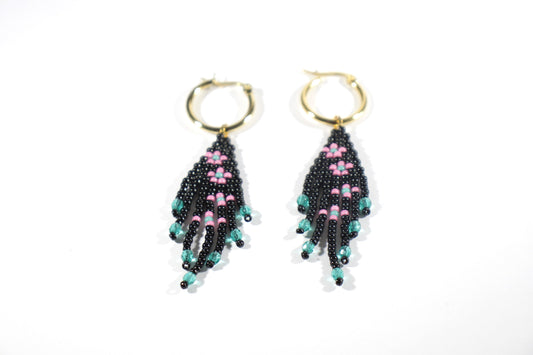 Seed bead fringe earrings small black with pink color flowers. Gold plated stainless steel earrings hoops. 