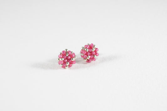 Seed bead stud earrings raspberry pink and silver color with stainless steel stud.